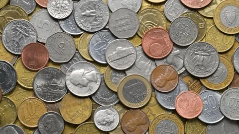 Arrangement of different currency coins Stock Footage 301776701