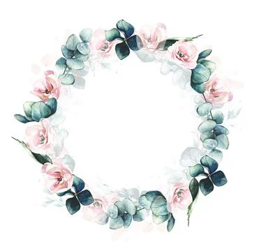 Arrangement frame with blue hydrangea, pink peony and rose flowers, eucalyptus Stock Illustration