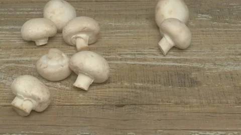 An arrangement of Fresh Mushrooms displayed on a Rustic Wooden Surface for Stockbeeldmateriaal 282871353