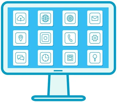 Arrangement of program shortcuts on display. Computer home screen, desktop Illustrazione stock