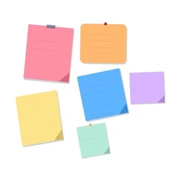 Arrangement of six colorful sticky notes with tape and pushpins on a white .. Stockillustratie