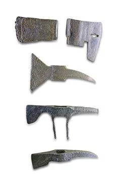 Arrangement of six rusted, weathered objects with varying shapes and sizes in Stock Photos