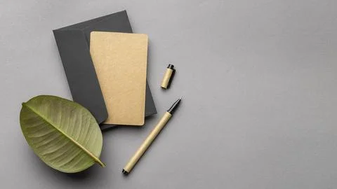 Arrangement with stationery elements grey background High resolution photo Stock Photos