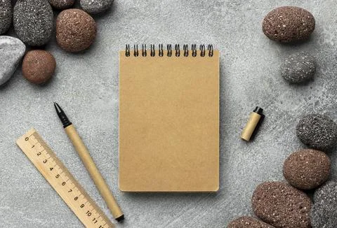 Arrangement with stationery elements notepad Stock Photos