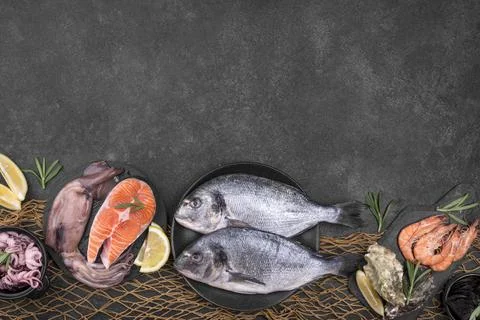 Arrangement various types fish copy space. High quality photo Stock Photos