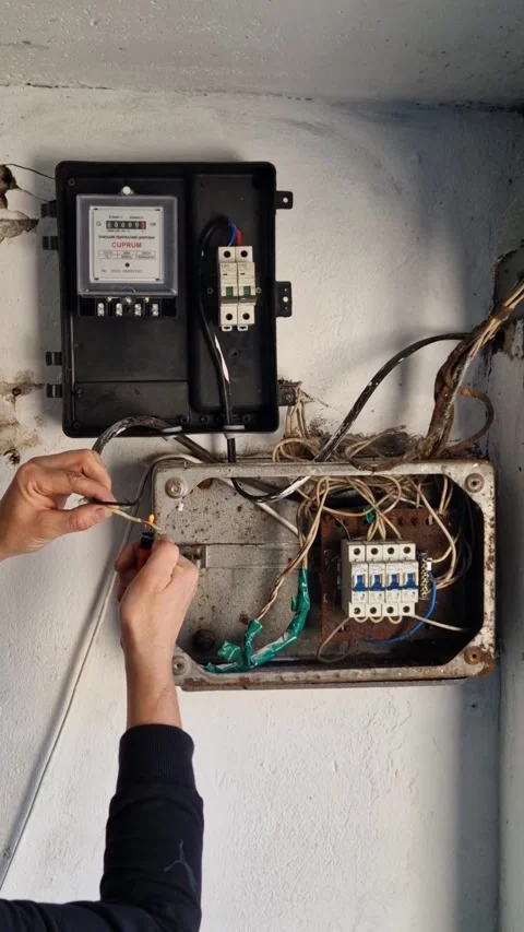 Arranging Bare Wires in Old Electrical Box Stock Footage 318362568