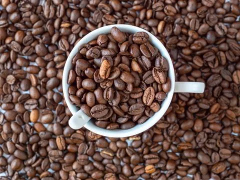 Arranging coffee beans with a mug Stock Photos