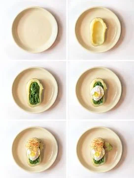 Arranging a creative dish, collage in six steps - empty plate, hollowed ou... 写真素材
