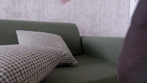 Arranging Cushions on Sofa with Hands in Cozy Living Room Stock Footage 304381283