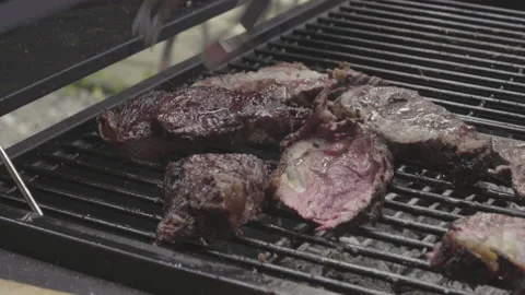 Arranging the meat on the grill, hands feeling the temperature of the fire Video stock 138540126