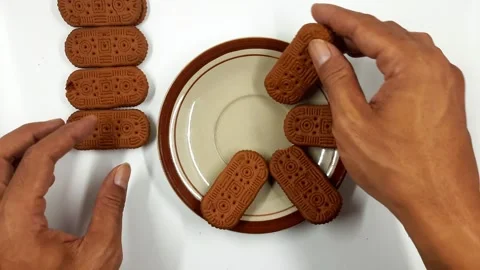 Arranging rectangular patterned biscuits onto a ceramic plate motion footage Video stock 330052196