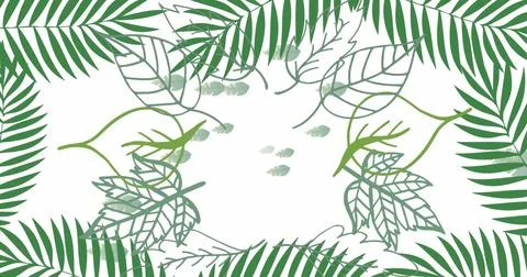 Arranging stylized green leaf illustrations into decorative frame on white Stockillustratie