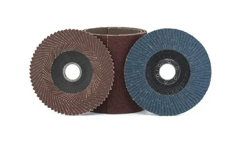Array of abrasive discs in close-up view isolated on white background, typically 스톡 사진