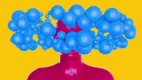 Array of balls flies around human head. Stock Footage 276350186