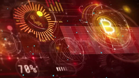 An array of bitcoin infographics in digital space. Stock Footage 230218892