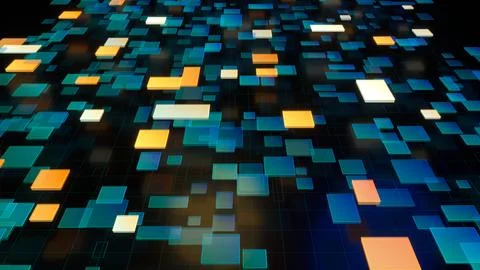 Array of blue and gold gradient squares spread on dark grid 스톡 일러스트