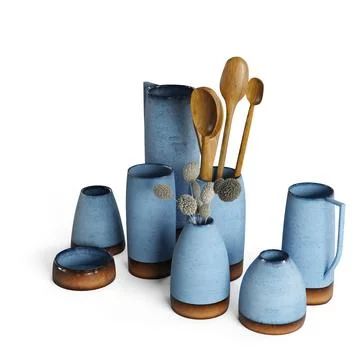Array of blue ceramic vases filled with flowers and wooden spoons, 3D rendered Stock Photos