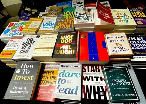 Array of business books on display. Stock Photos