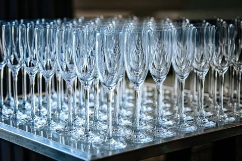 Array of clear champagne flutes arranged neatly on a silver tray, reflectin.. 写真素材