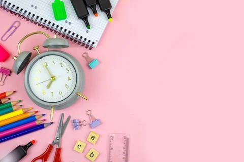 An Array of Colorful Office Supplies Presented on a Pink Background to Enha.. Stock Photos