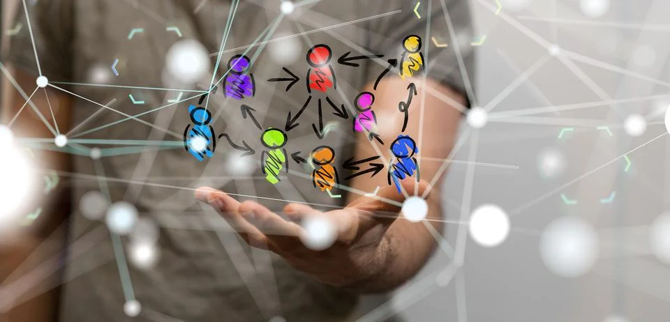 Array of colorful profile icons hovering above a hand. Social media, communicati Stock Photos