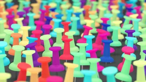 Array of Colorful Thumbtacks with Shallow Depth of Field Stock Illustration