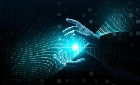 An array of data in the binary system flows through female hands, the conce.. Stock Photos