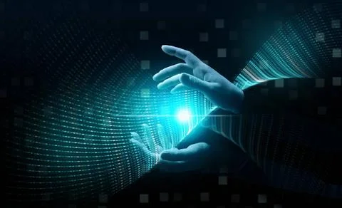 An array of data in the binary system flows through female hands, the conc... Stock Photos