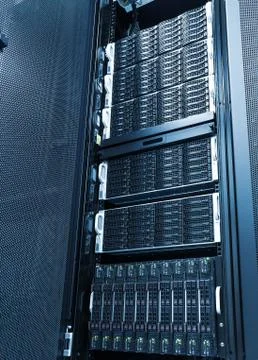 Array disk storage in data center with depth of field in cool tone Fotos de archivo