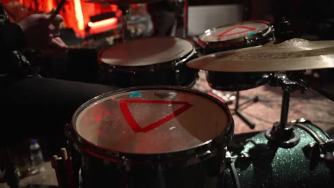An array of drums featuring marked heads, prepared for a live performance Stock Footage 315243503