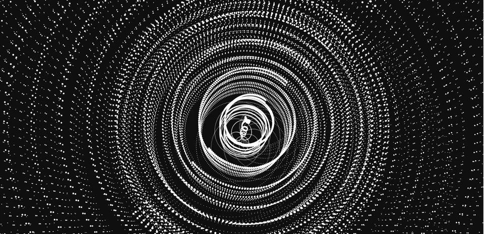 Array with dynamic particles. Swirl with connected dots. Abstract science or  스톡 일러스트