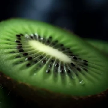 Array of freshly cut fruit, including kiwis, is arranged on an isolated dark bac 写真素材