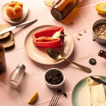 Array of freshly prepared vegetables on a pink tiled table Fotos de archivo