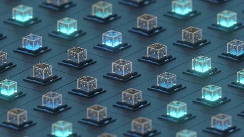 Array of glowing holographic data cubes illuminating on a dark digital surfac 스톡 동영상 327345305