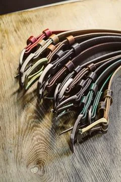 An array of highquality leather belts in captivating colors, featuring unique Foto stock