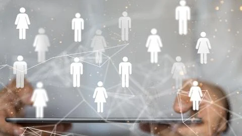 Array of human icons hovering above a tablet. Social media, communication, netwo Stock Photos