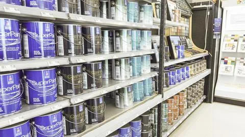 Array of Interior Paint Cans on Store Shelves Stock Photos