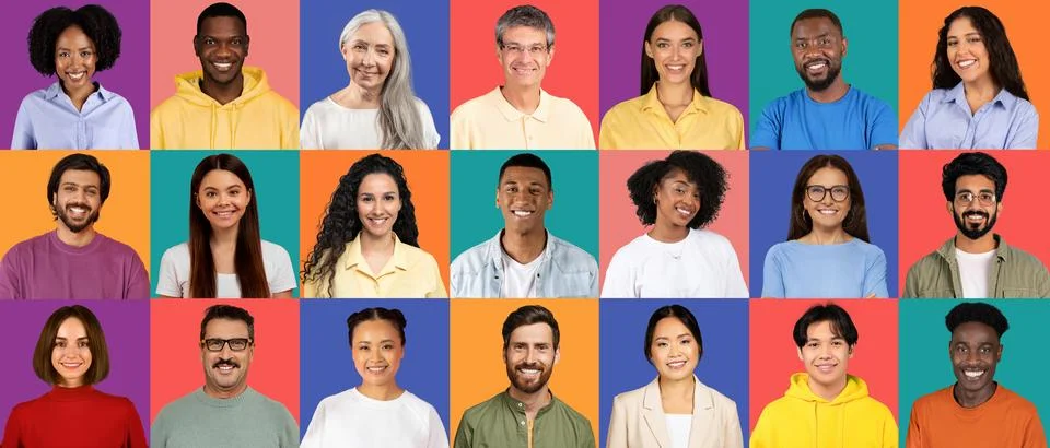 An array of joyful individuals from diverse backgrounds, each wearing different 스톡 사진