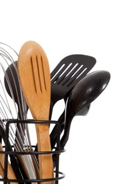 An array of kitchen utensils on white Stock Photos
