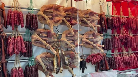 Array of Lap Cheong, also known as red Chinese sausage and dried waxed 動画素材 227714714