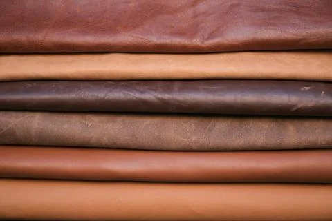 Array of leather fabric samples in different shades neatly placed on a table, re Stock Photos
