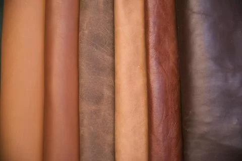 Array of leather fabric samples in different shades neatly placed on a table, re Stock Photos