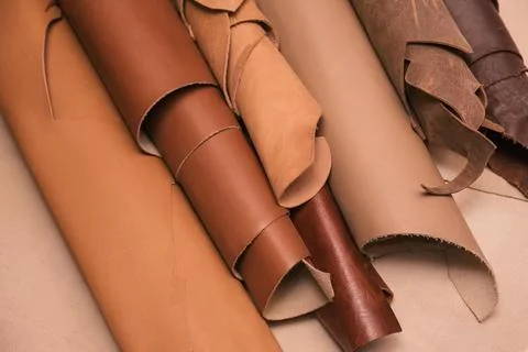 Array of leather fabric samples in different shades neatly placed on a table, re Stock Photos