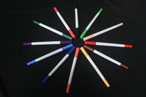 An array of markers or colored pencils produces a beautiful bright colorful Stock Photos