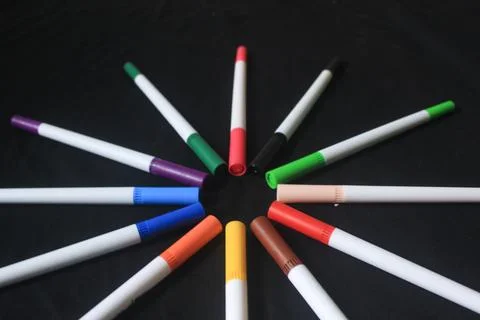 An array of markers or colored pencils produces a beautiful bright colorful Stock Photos