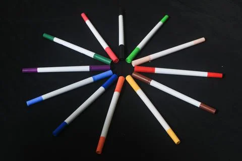 An array of markers or colored pencils produces a beautiful bright colorful Stock Photos