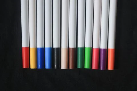 An array of markers or colored pencils produces a beautiful bright colorful Stock Photos