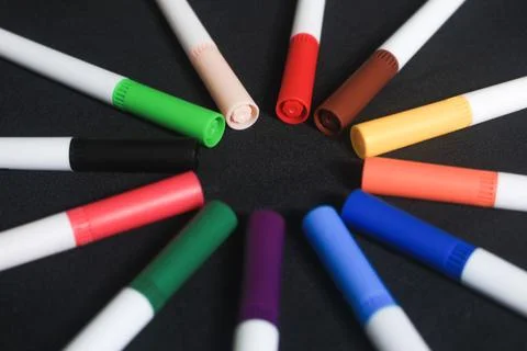 An array of markers or colored pencils produces a beautiful bright colorful Stock Photos