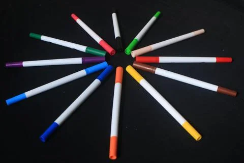 An array of markers or colored pencils produces a beautiful bright Stock Photos