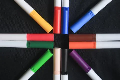 An array of markers or colored pencils produces a beautiful bright Stock Photos